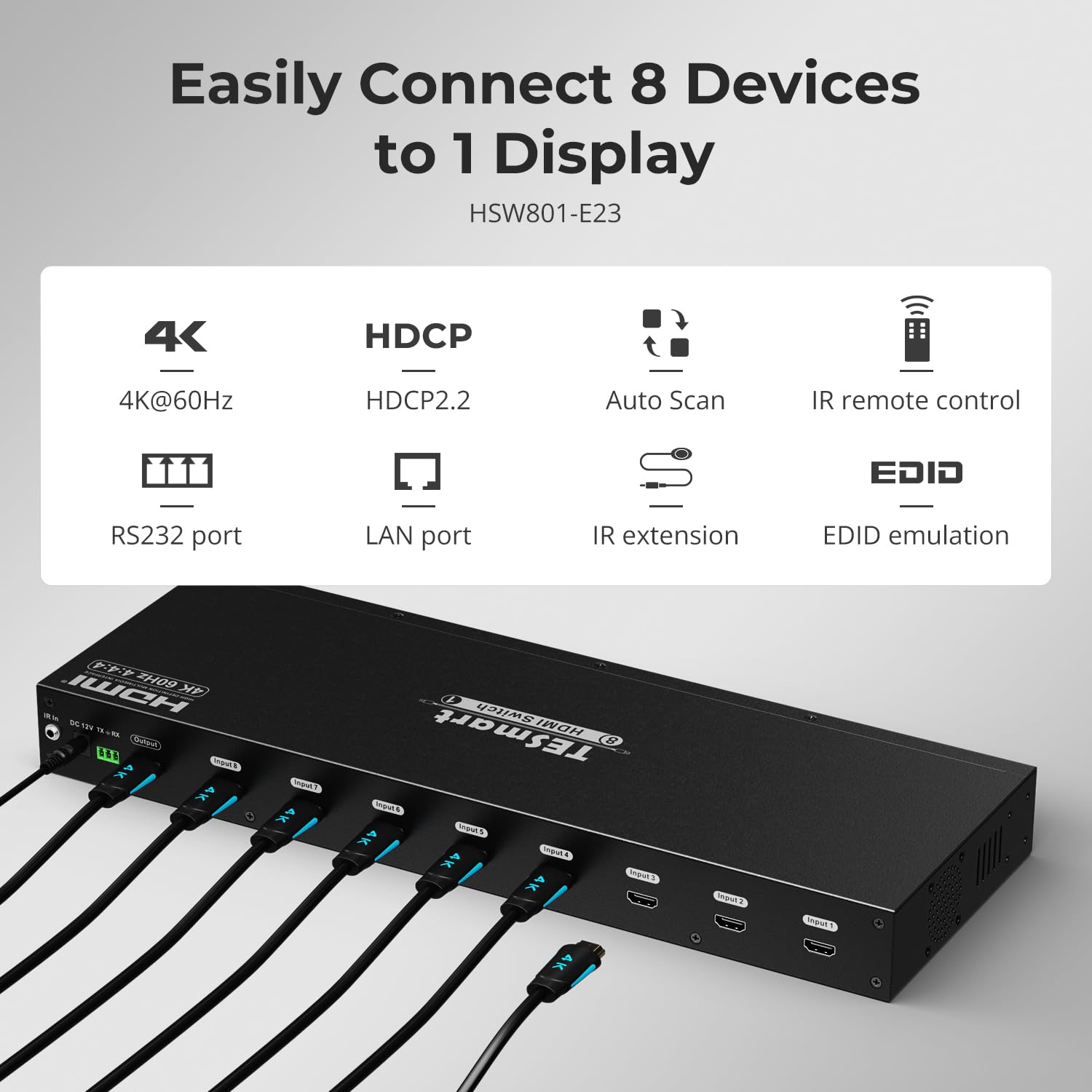 TESmart 8×1 HDMI Switch 8 in 1 Out 4K @ 60Hz HDCP with 19-inch Rack-Ears | RS-232 / LAN Control | IR Remote Control and Auto Switch | Auto Scan Time Interval - Black