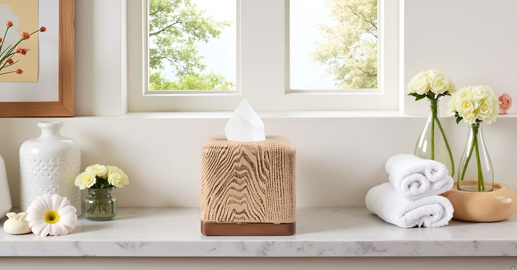 Hymmah Square Tissue Box Cover Holder with Tray,Unique Cube Design Tissue Dispenser Cover Decor for Vanity Counter Tops Also Great for Bedroom and Living Room