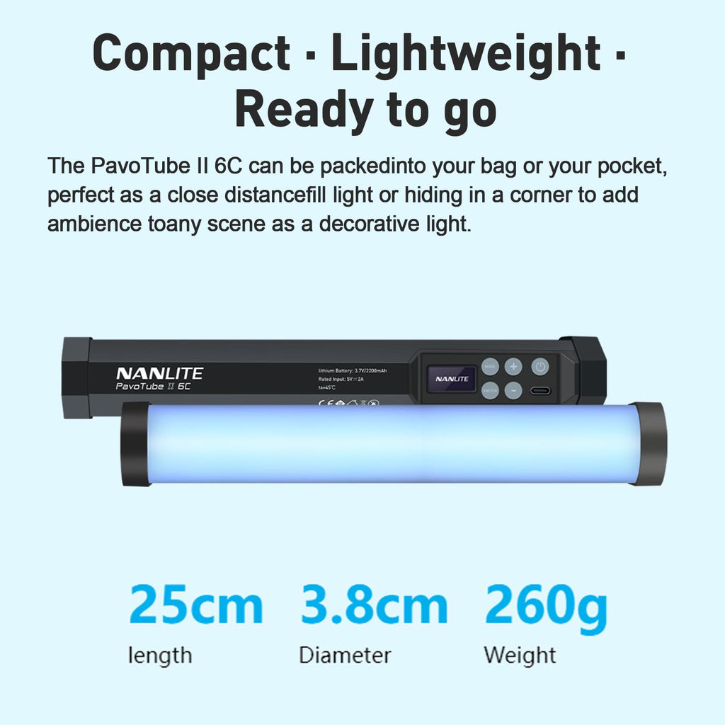 NANLITE PavoTube II 6C LED RGB Tube, 2700K-7500K Ultra-Wide Color Temperature, 2.4GHz Wireless Control Portable Handheld Photography Lighting Stick