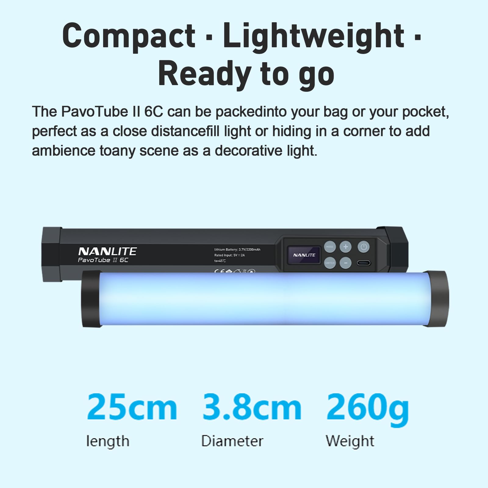 NANLITE PavoTube II 6C LED RGB Tube, 2700K-7500K Ultra-Wide Color Temperature, 2.4GHz Wireless Control Portable Handheld Photography Lighting Stick