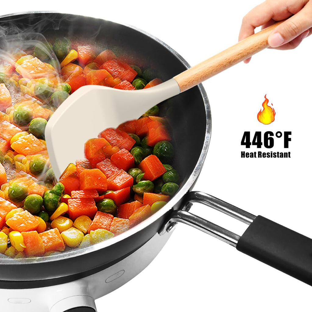 oannao Silicone Cooking Utensils Set - 446°F Heat Resistant Silicone Kitchen Utensils for Cooking,Kitchen Utensil Spatula Set w Wooden Handles, BPA FREE Gadgets for Non-Stick Cookware (Black)