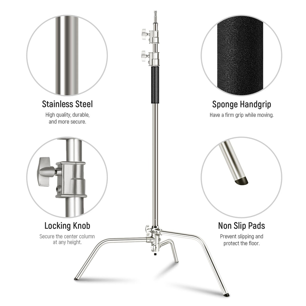 NEEWER Pro 100% Stainless Steel Heavy Duty C Stand with Boom Arm, Max Height 68"/172cm Photography Light Stand with 2.7ft/83cm Holding Arm, 2 Grip Head for Studio Monolight, Softbox, Reflector, SC172