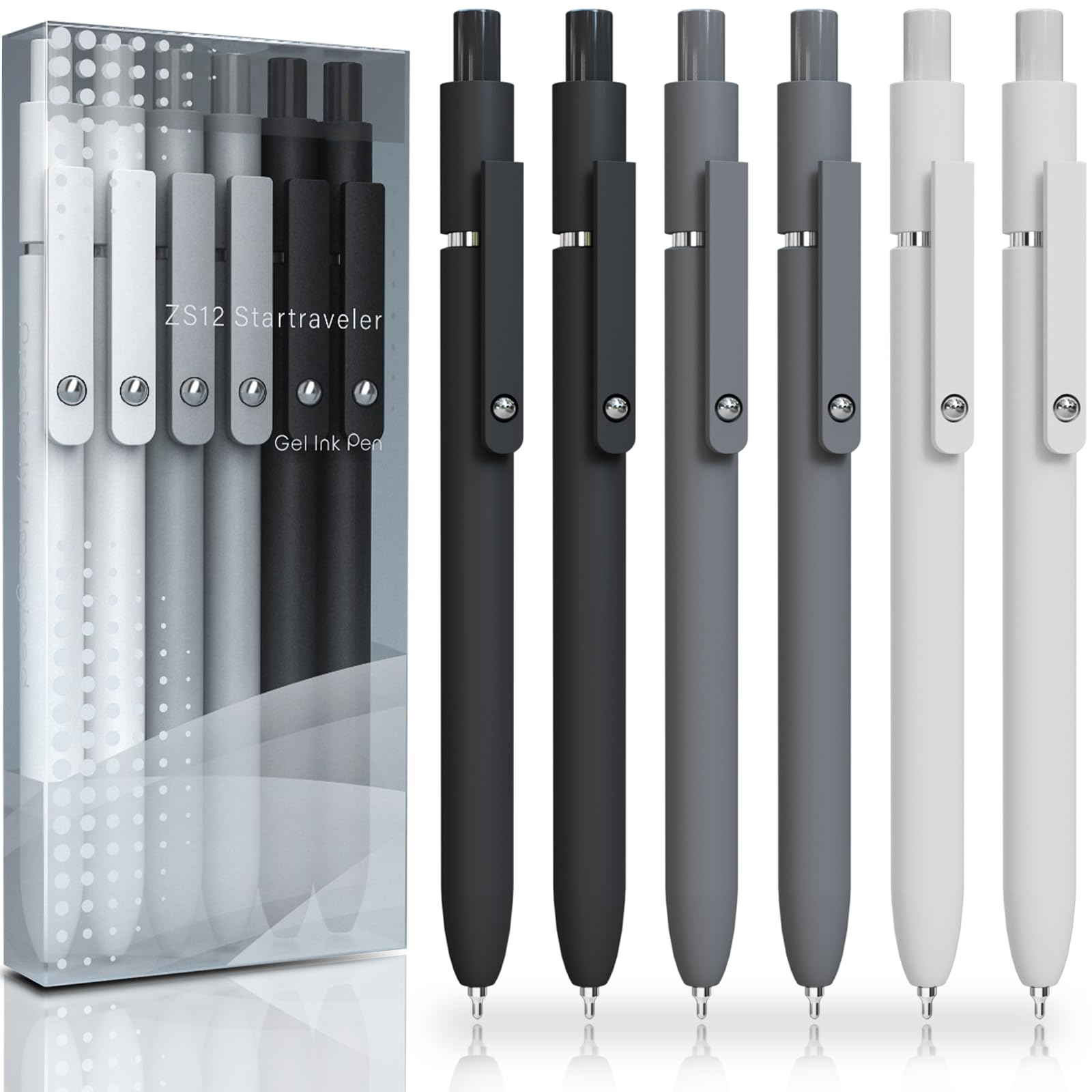 ACEES Gel Pens, 6 Pcs 0.5mm Fine Point Black Ink Pen With Smooth Writing, Office Desk Accessories, School Writing Supplies Gifts for Men Women, Quick Dry Pens For Journaling, Black/Gray/White