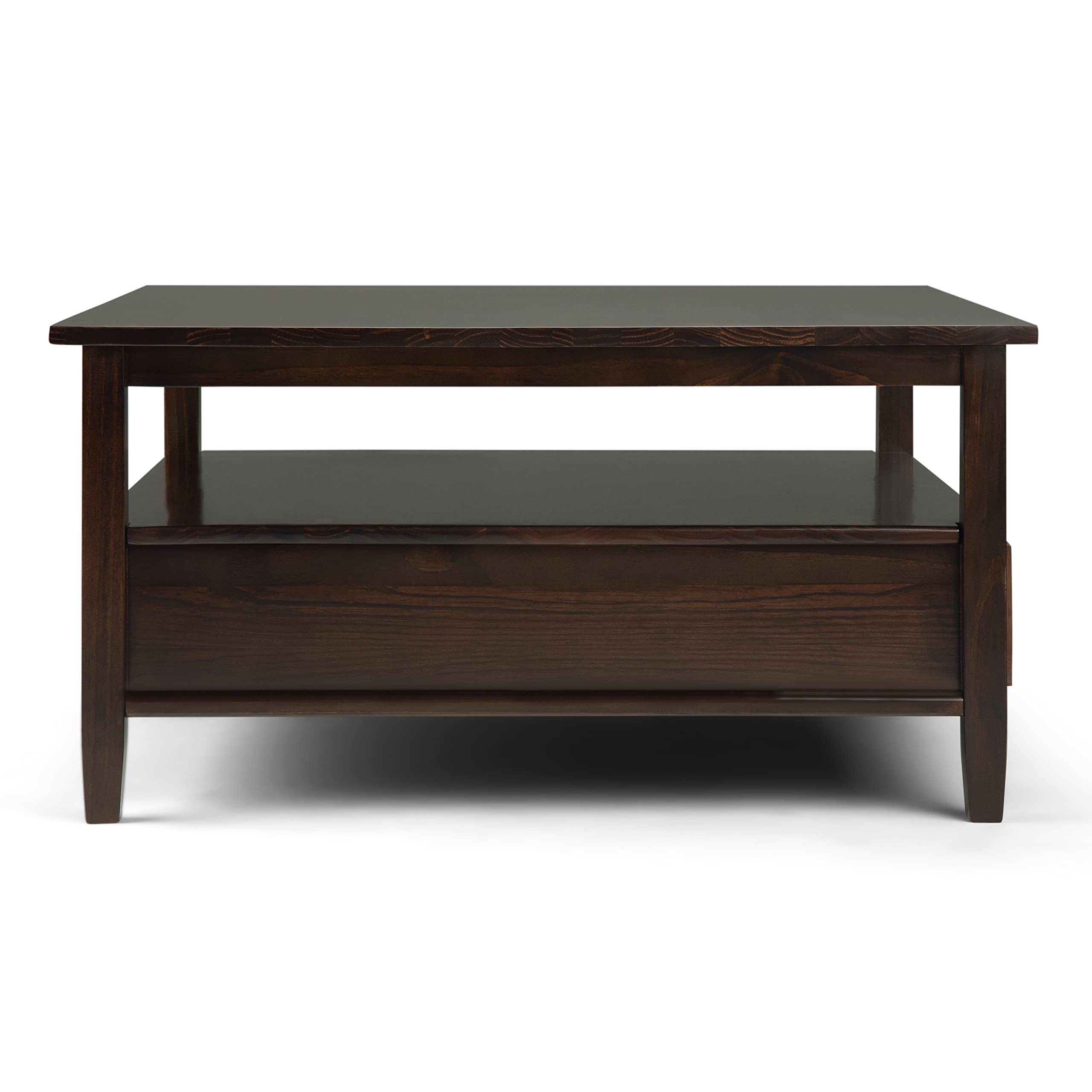 SIMPLIHOME Warm Shaker Coffee Table - 48 inch Wide Solid Wood Coffee Table in Black, Transitional Living Room Table with 2 Drawers, Open Shelf, Shaker Fronts and Tapered Legs