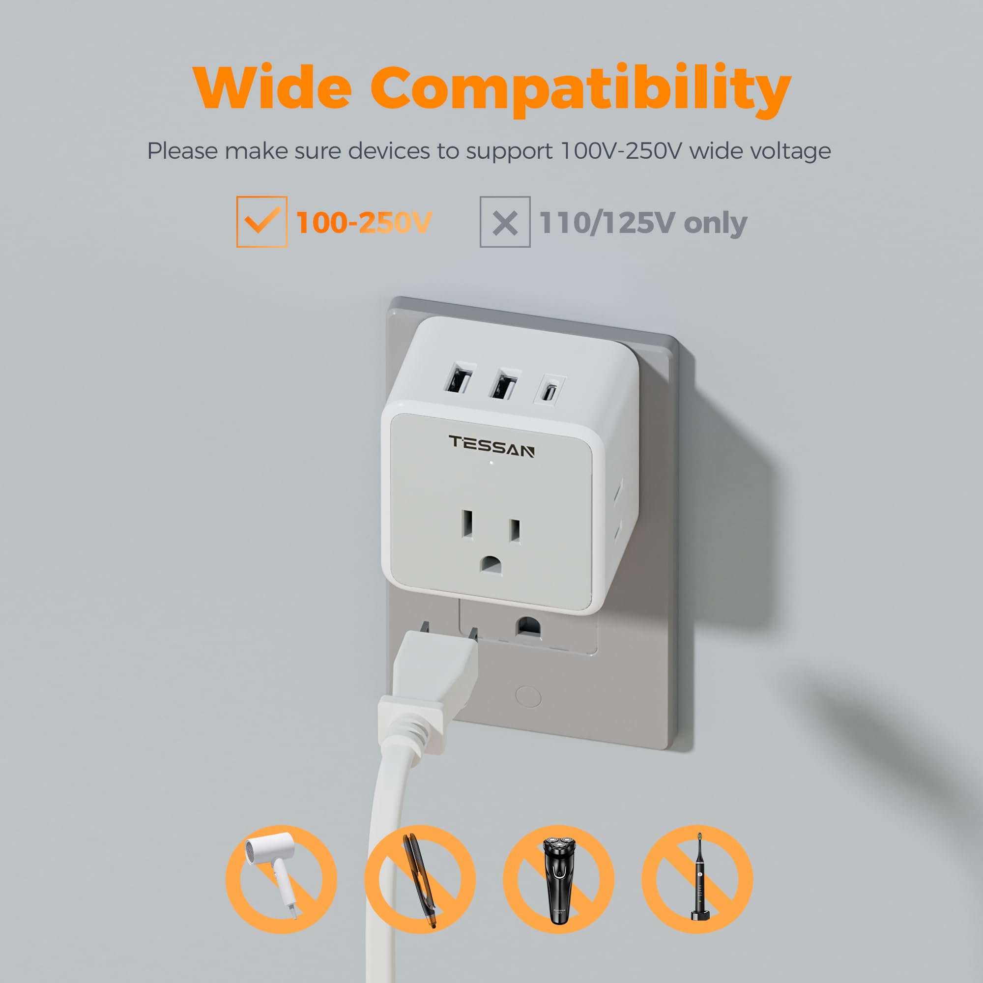 TESSAN 6-in-1 European UK Travel Plug Adapter Kit | 3 USB (1 USB C), 3 AC Outlets, Supports Type C, G, E/F, I, A, B, US to Europe UK Italy Australia Japan