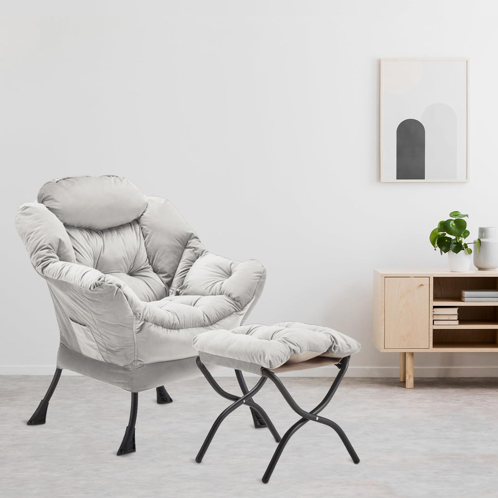 Youtanic Lazy Chair with Folding Ottoman, Accent Chair Velvet Upholstered with Metal Structure and Non-Slip Pads, Sofa Armchair with Footrest and Side Storage Bag for Dorm, Room, Office, Beige