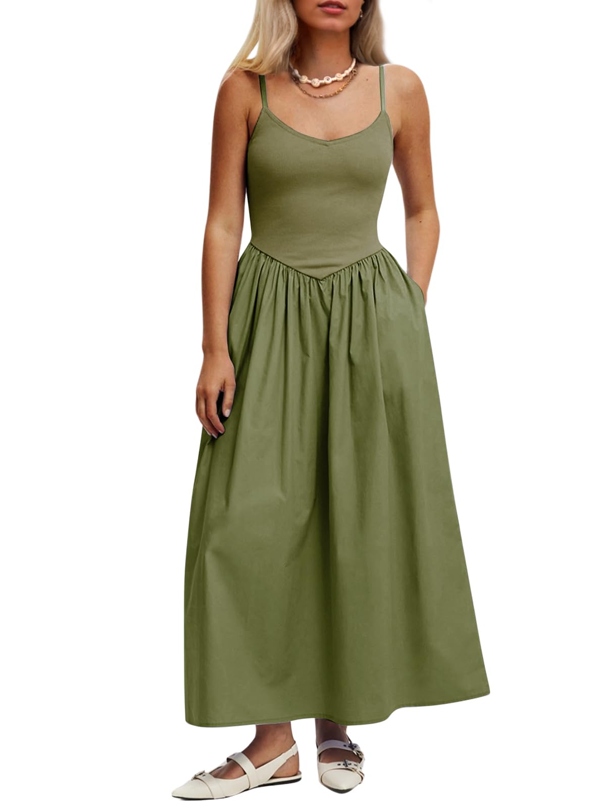 Mieazom Women’s Sleeveless V-Neck Maxi Dress with Pockets – Slim Fit Casual Summer Spaghetti Strap Dress for Vacation
