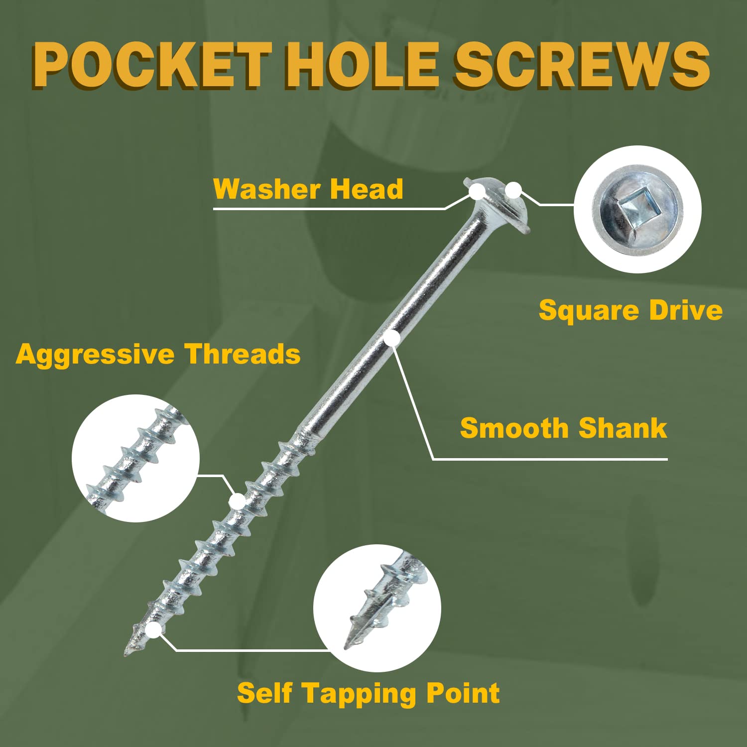 LIONMAX Pocket Hole Screws 1-1/4 Inch, 100 PCS Interior Pocket Screw #8 x 1-1/4"", Coarse Thread, Square Drive, Washer Head, Zinc Plated Pocket Hole Screws, 150MM Drive Bit Included, 1.25 inches