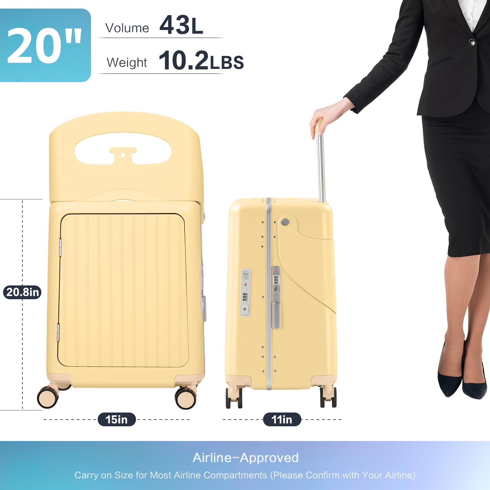 smilesun 20" Carry On Luggage with Seat For Kids & Adults，Hardside Ride On Suitcase Front Opening with 360°Spinner and TSA Lock For Travel (Black with Front Open, 20")
