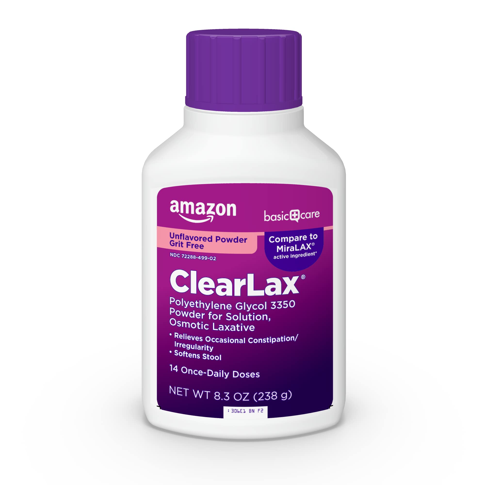 Amazon Basic Care ClearLax Polyethylene Glycol 3350 Powder for Solution, Orange Flavor, Osmotic Laxative, Stool Softener, Relieves Occasional Constipation, 8.3 ounce (Pack of 1)