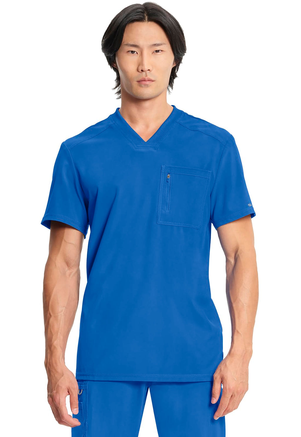 Cherokee Infinity Mens Tuckable V-Neck Scrub Top Modern Fit, 2 Pockets, Zip Chest Pocket, Rib-Knit, 360° Stretch – CK910A