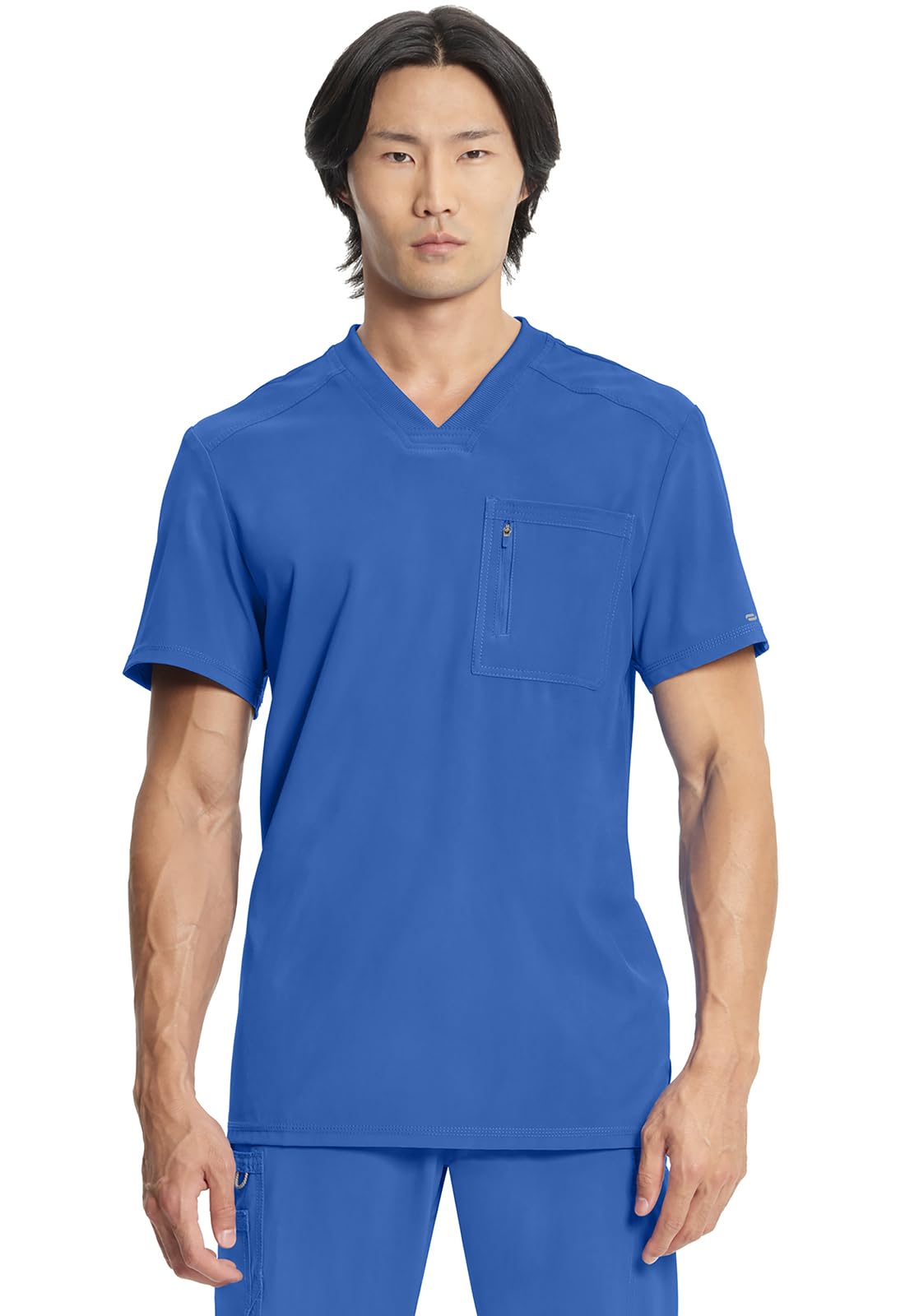 Cherokee Infinity Mens Tuckable V-Neck Scrub Top Modern Fit, 2 Pockets, Zip Chest Pocket, Rib-Knit, 360° Stretch – CK910A