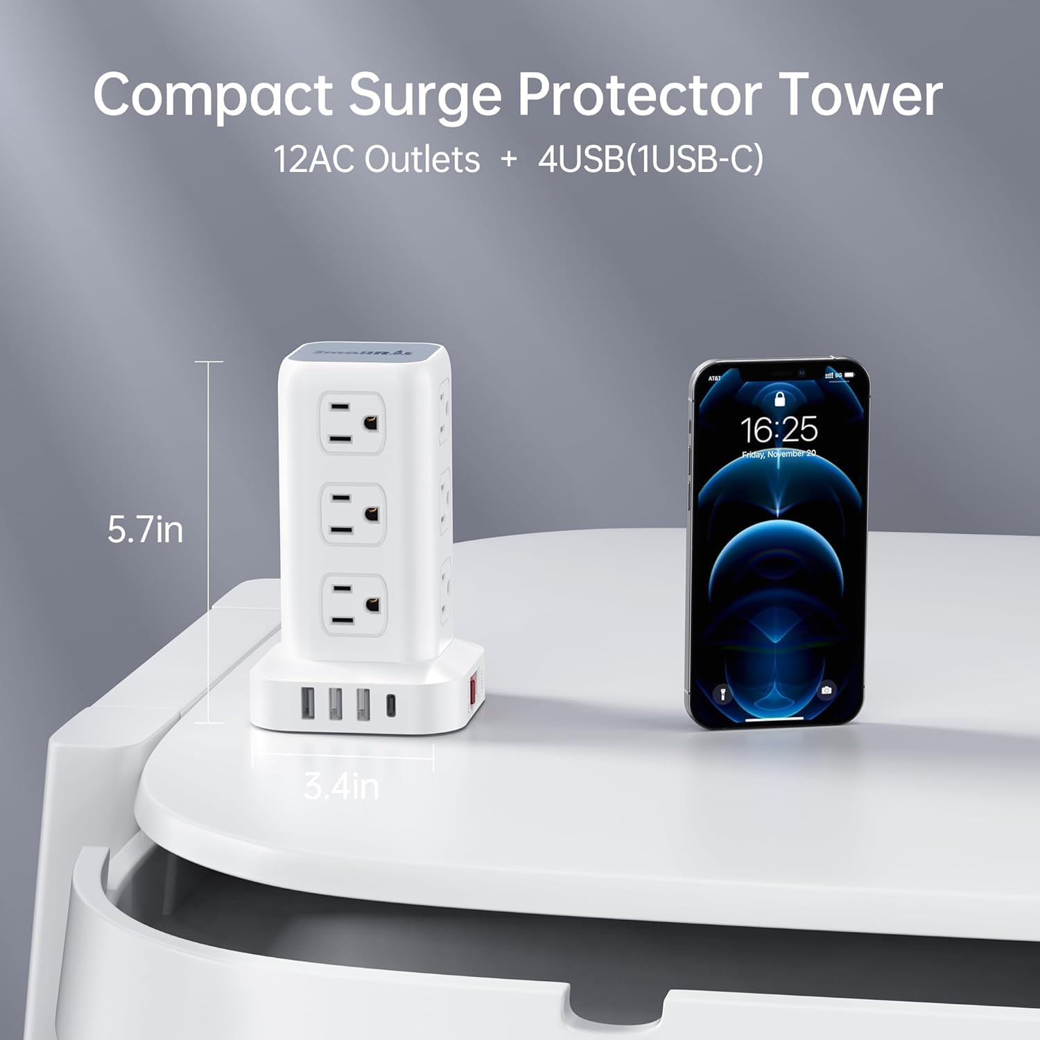 Tower Surge Protector Power Strip with 12 Outlets 4 USB (1 USB C), 6.5Feet Extension Cord with Multiple Outlets, Charging Station, Power Strip Tower, Office Desk Supplies