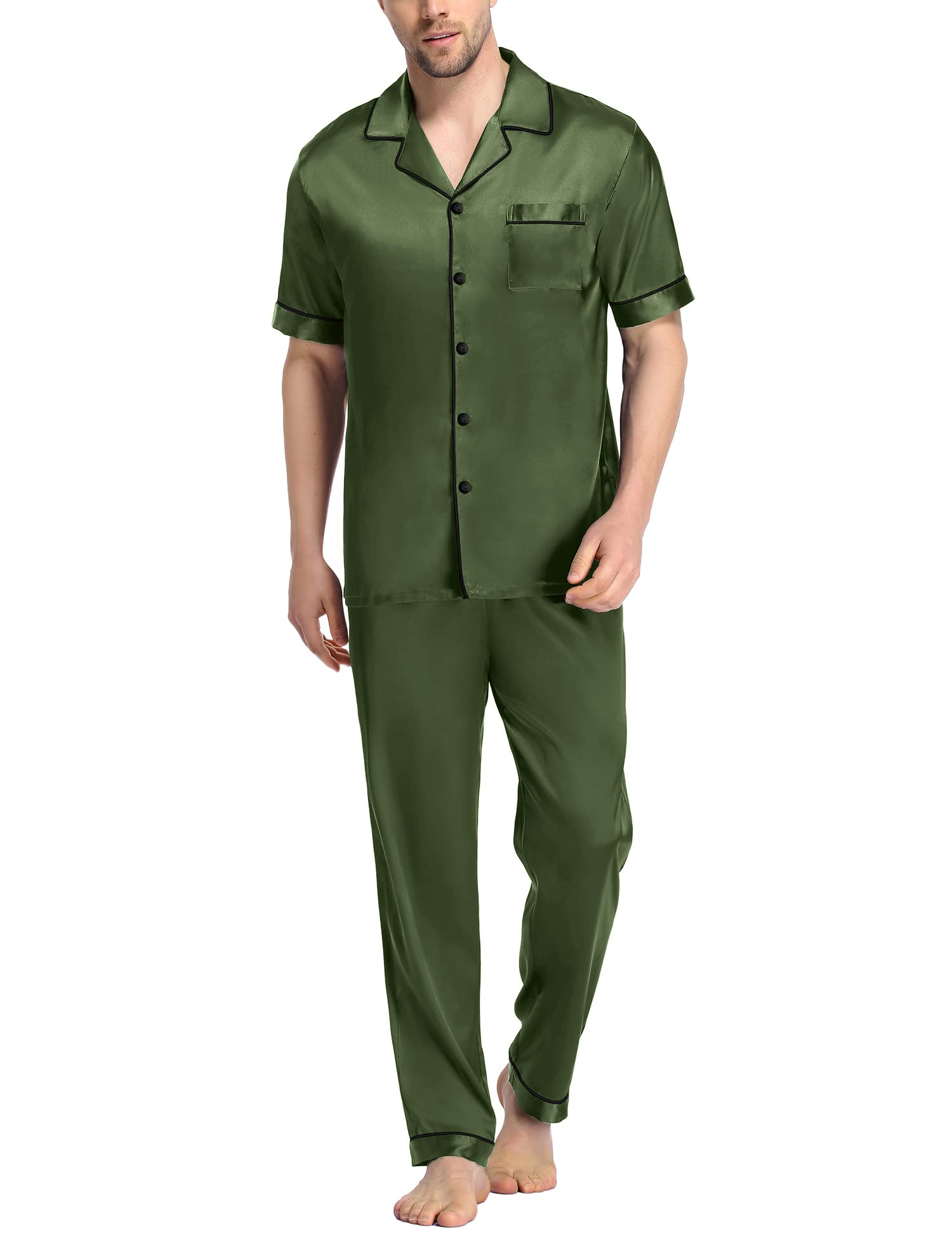 SWOMOG Mens Satin Pajama Set Short Sleeve Classic Sleepwear Button Down Silky Loungewear with Long Pants
