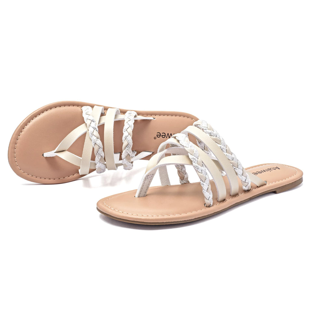Ataiwee Women's Casual Flat Slide Sandals - Dressy Comfortable Criss Cross Strappy Summer Sandals,Open Toe Multi Strap Beach Flat Thong Sandals.
