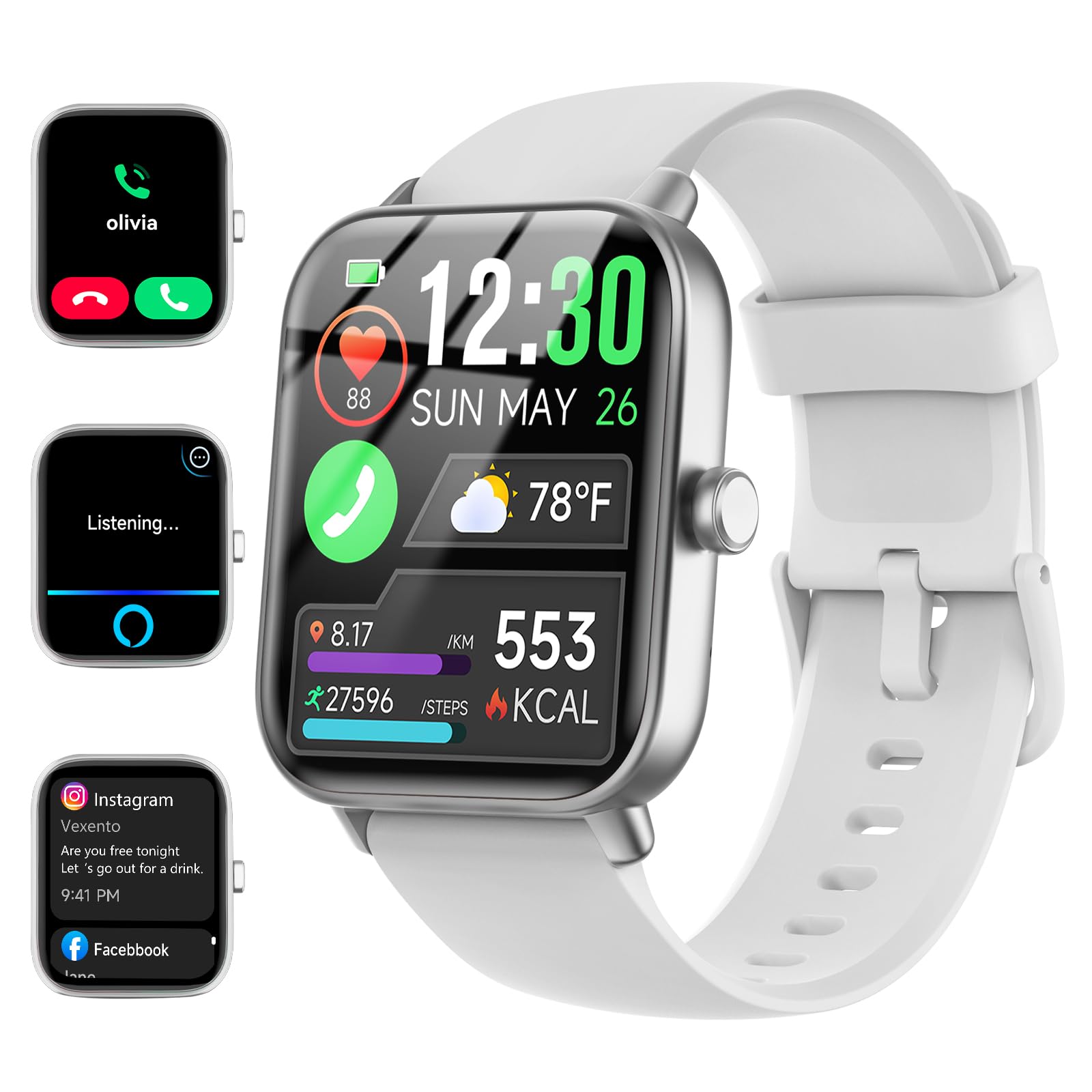 Quican Smart Watches for Women, Compatible for iPhone and Android Phones, Calling, Heart Rate/Sleep Monitor, Alexa, 1.8" Fitness Tracker Watch, Waterproof, Gifts for Women, Silicone Band, Baby Pink