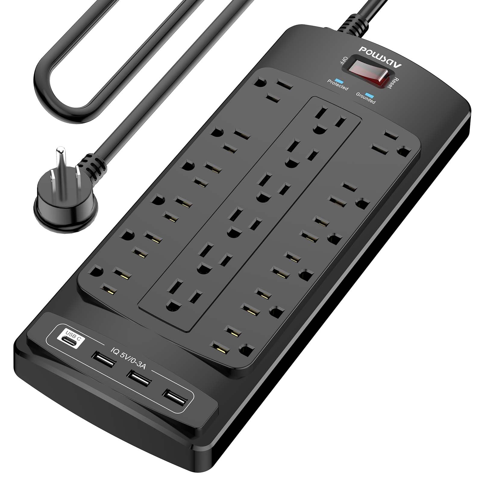 18 Outlets Surge Protector Power Strip - 6 Feet Flat Plug Heavy Duty Extension Cord with 18 Widely Outlets and 4 USB Ports, 2100 Joules, Black, ETL Listed