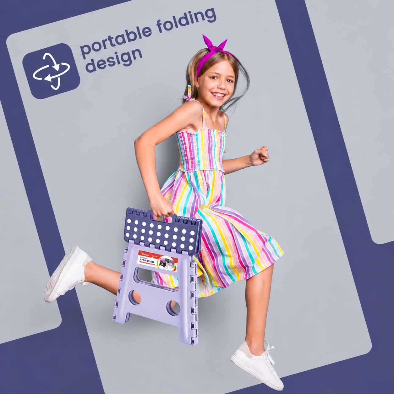 ACSTEP 9 Inch Folding Step Stool 300 LB Capacity Plastic Foldable Step Stools for Kids and Adults, Folding Stool Suitable for Kitchen, Stepping Stool with Handle Bicolor Green Small Step Stool 1PC