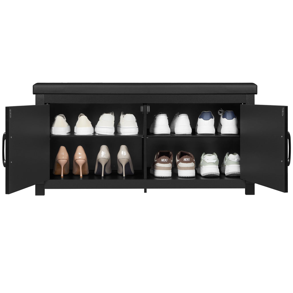 Hzuaneri Shoe Storage Bench, 2 Tier Shoe Bench with Padded Seat Cushion & 2 Barn Doors, Entryway Bench with Adjustable Shelf, Farmhouse Shoe Cabinet for Living Room, Bedroom, Antique White SB26214KA