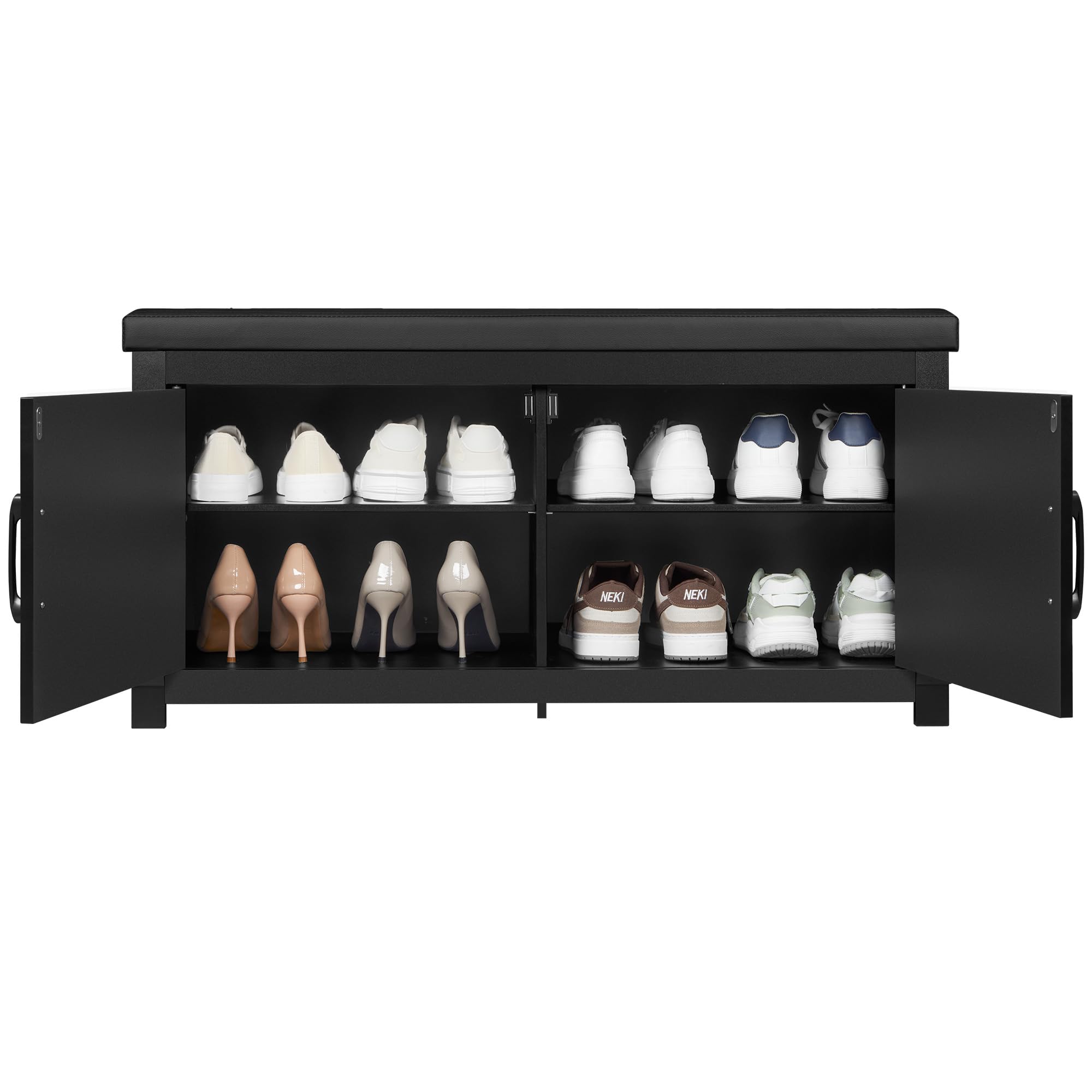 Hzuaneri Shoe Storage Bench, 2 Tier Shoe Bench with Padded Seat Cushion & 2 Barn Doors, Entryway Bench with Adjustable Shelf, Farmhouse Shoe Cabinet for Living Room, Bedroom, Antique White SB26214KA