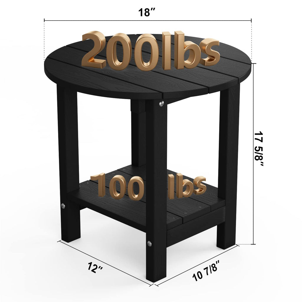 MXIMU Round Outdoor Side Table Adirondack Tables 18 Inch Chairside End Tables with Storage Shelf, 2-Tier Plastic Patio Side Table for Balcony Backyard Lawn (Black, 1 Pack)