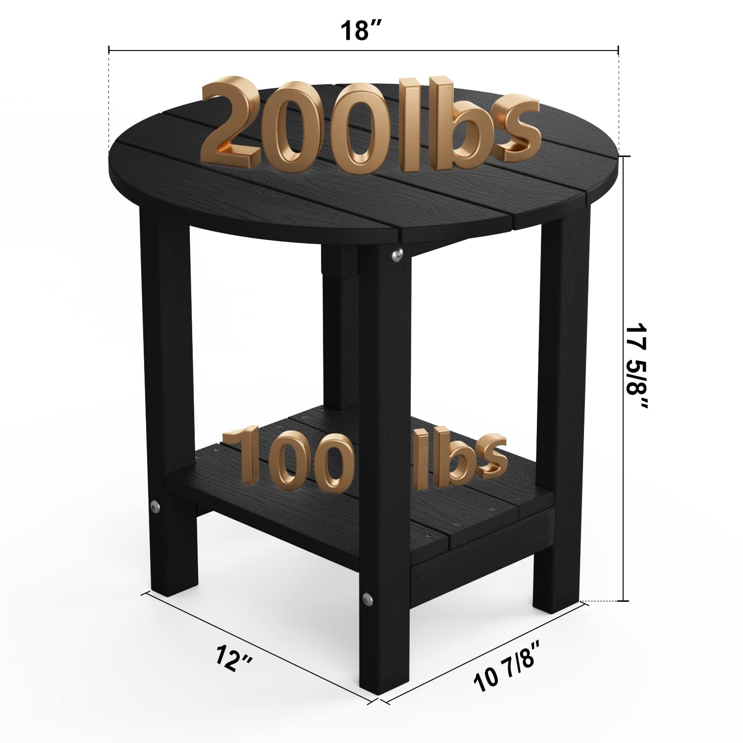 MXIMU Round Outdoor Side Table Adirondack Tables 18 Inch Chairside End Tables with Storage Shelf, 2-Tier Plastic Patio Side Table for Balcony Backyard Lawn (Black, 1 Pack)