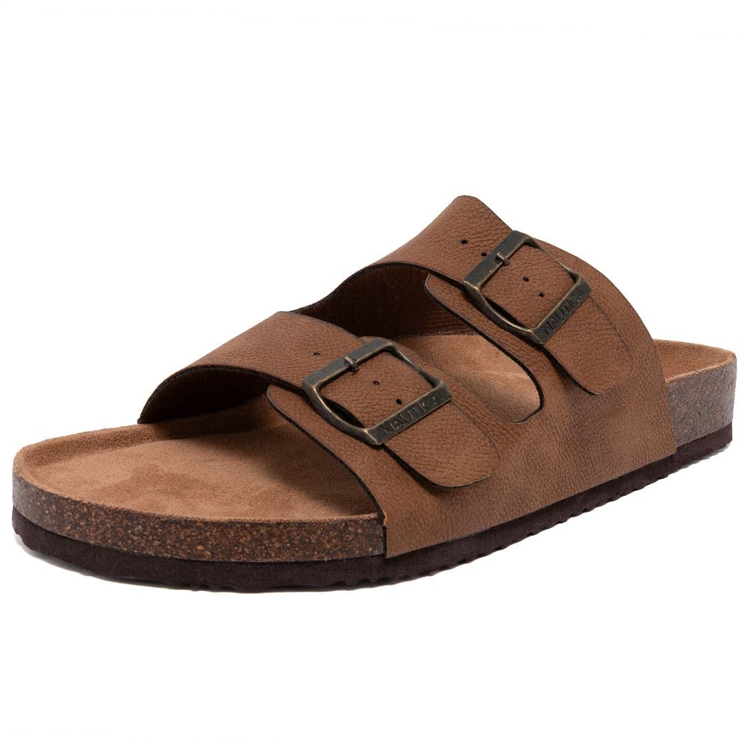 Nautica Men's Sandals - Casual Slides with 2 Adjustable Buckle Straps and Cork Footbed for Ultimate Comfort and Style (Regular/Wide Width, Big Size)