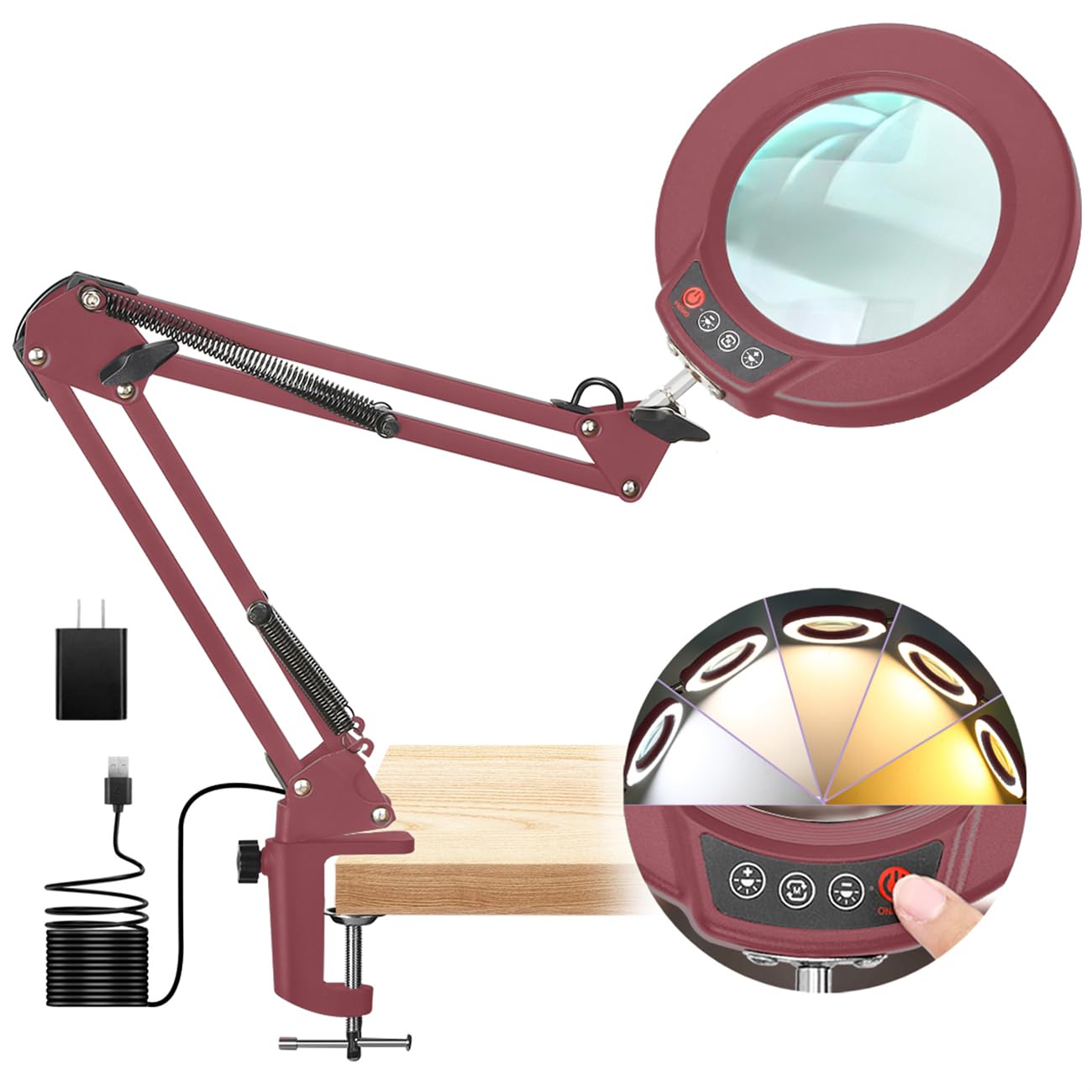 12X Magnifying Glass with Light and Stand, Real Glass, 5 Color Modes, Brightness Stepless Dimmable Lighted Magnifier Hands Free, 2-in-1 Desk Lamp & Clamp Light, Magnifier Lamp for Close Work, Reading