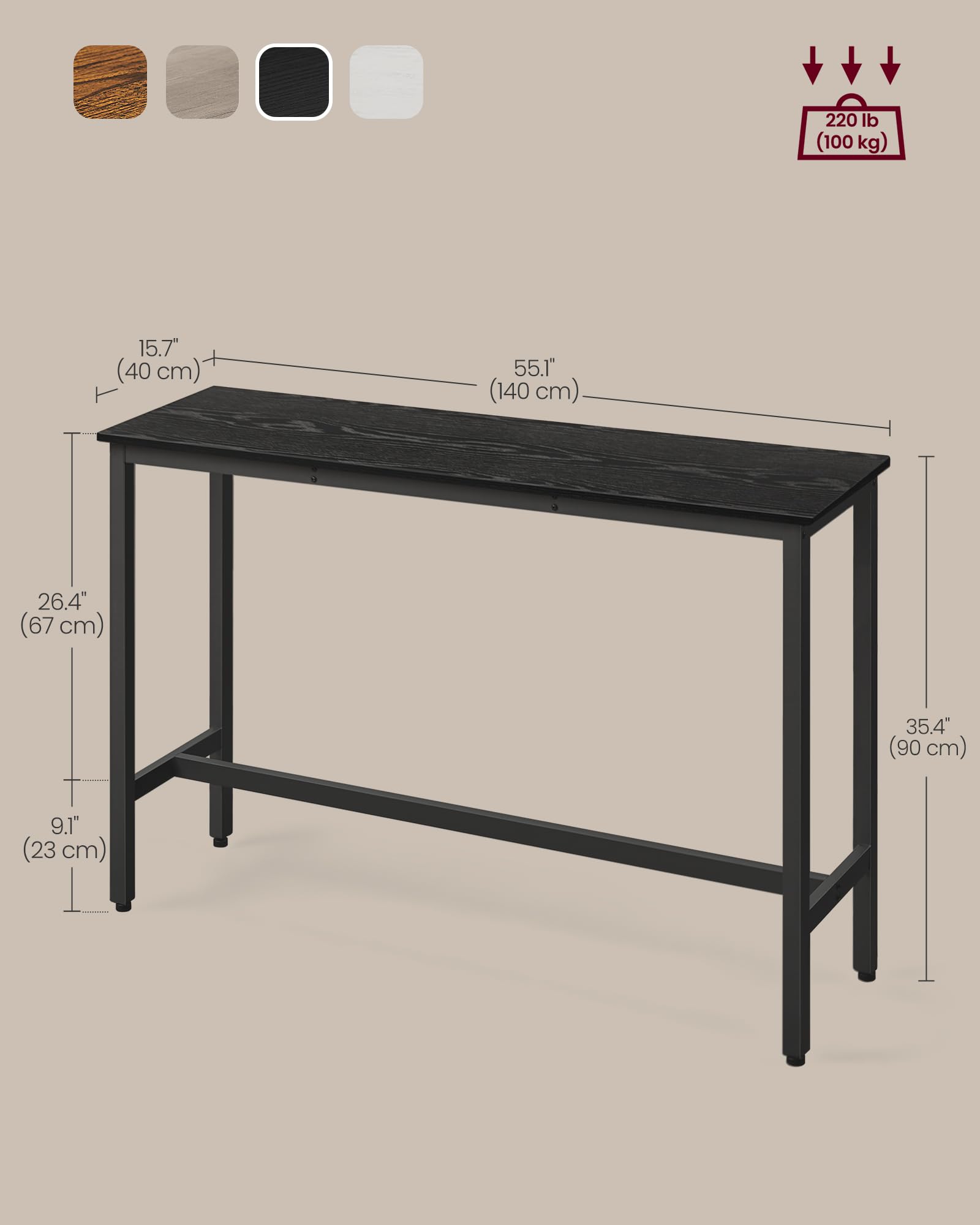 VASAGLE Bar Table, Kitchen Dining Table, High Top Pub Table, Bar Height Cocktail Table for Living Room Party, Sturdy Metal, 15.7 x 39.4 x 35.4 Inches for Narrow Spaces, Ebony Black and Ink Black