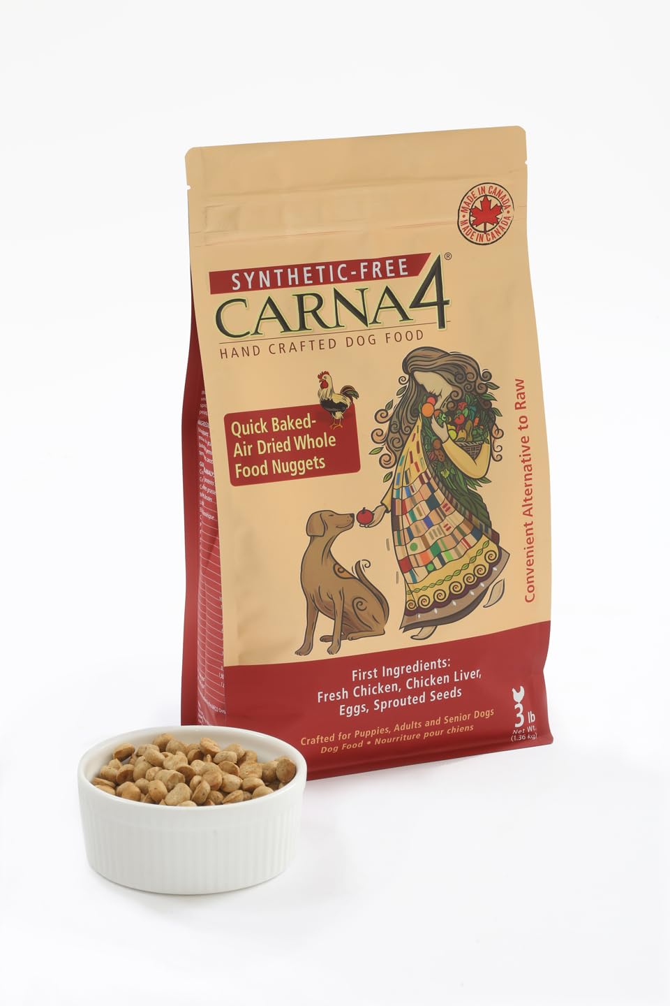 CARNA4 Air Dried Dog Food, Chicken Recipe, Quick Baked Whole Food Nutrition with Sprouted Seeds, Natural Probiotics & Enzymes, No Synthetics - 3 Pound