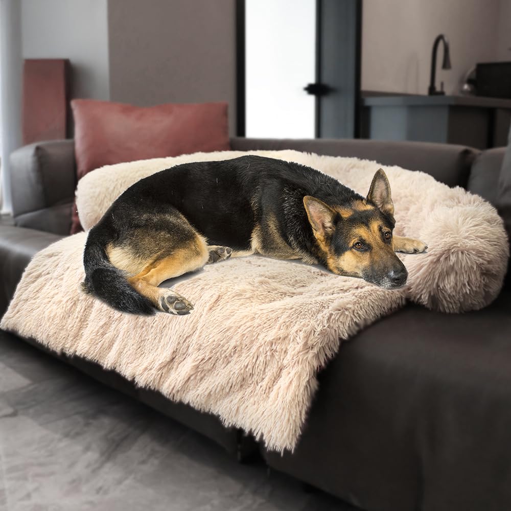 Luxurious Calming Dogs/Cats Bed Mats, Dog Pad Washable Removable Couch Cover, Plush Long Fur Mat for Pets, Waterproof Lining, Perfect for Small, Medium and Large Dogs and Cats (Beige, 31"x23")