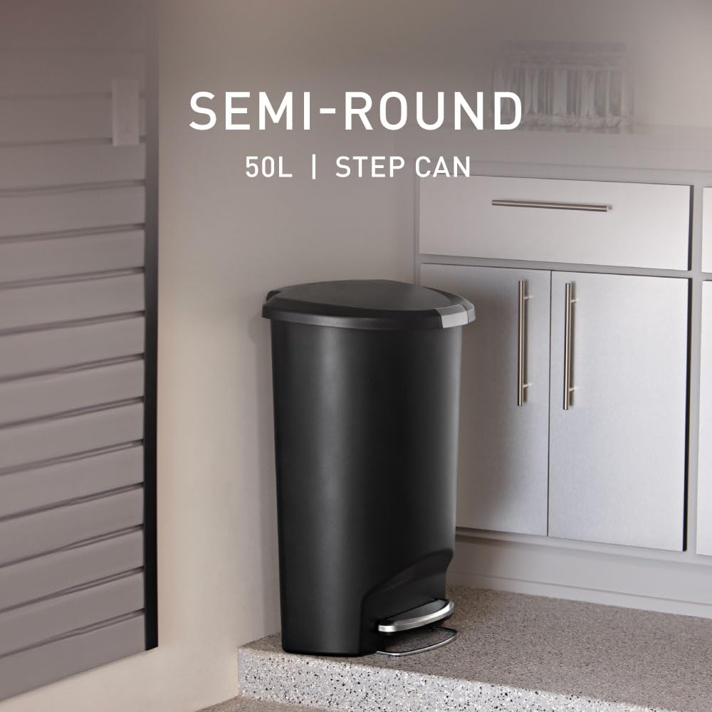 simplehuman 50 Liter / 13 Gallon Semi-Round Kitchen Step Trash Can with Secure Slide Lock, Black Plastic