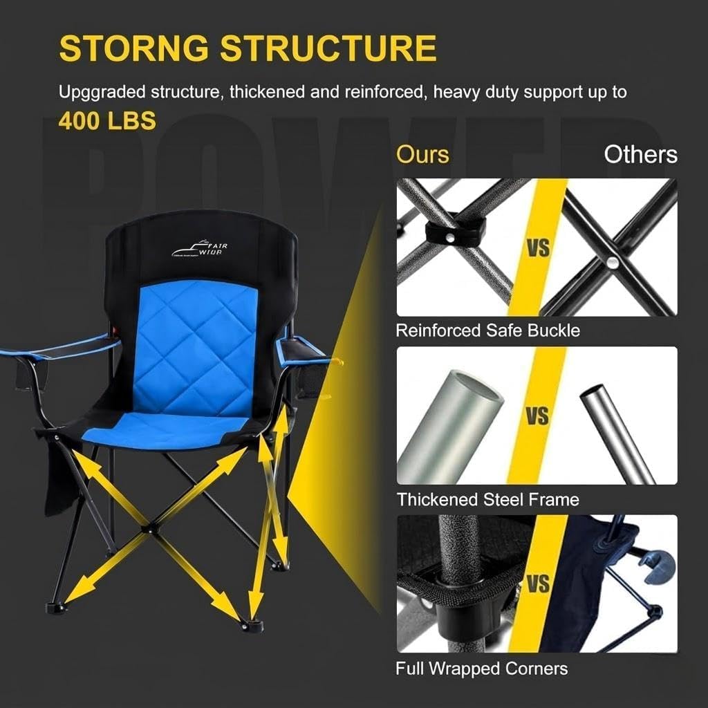 FAIR WIND Oversized Padded Camping Chair 2 Pack 350 LBS Capacity Fully Padded Lawn Quad Chair with Side Pocket & Cup Holder, Heavy Duty Lawn Chair for Outside, Tailgating, Beach, Sports
