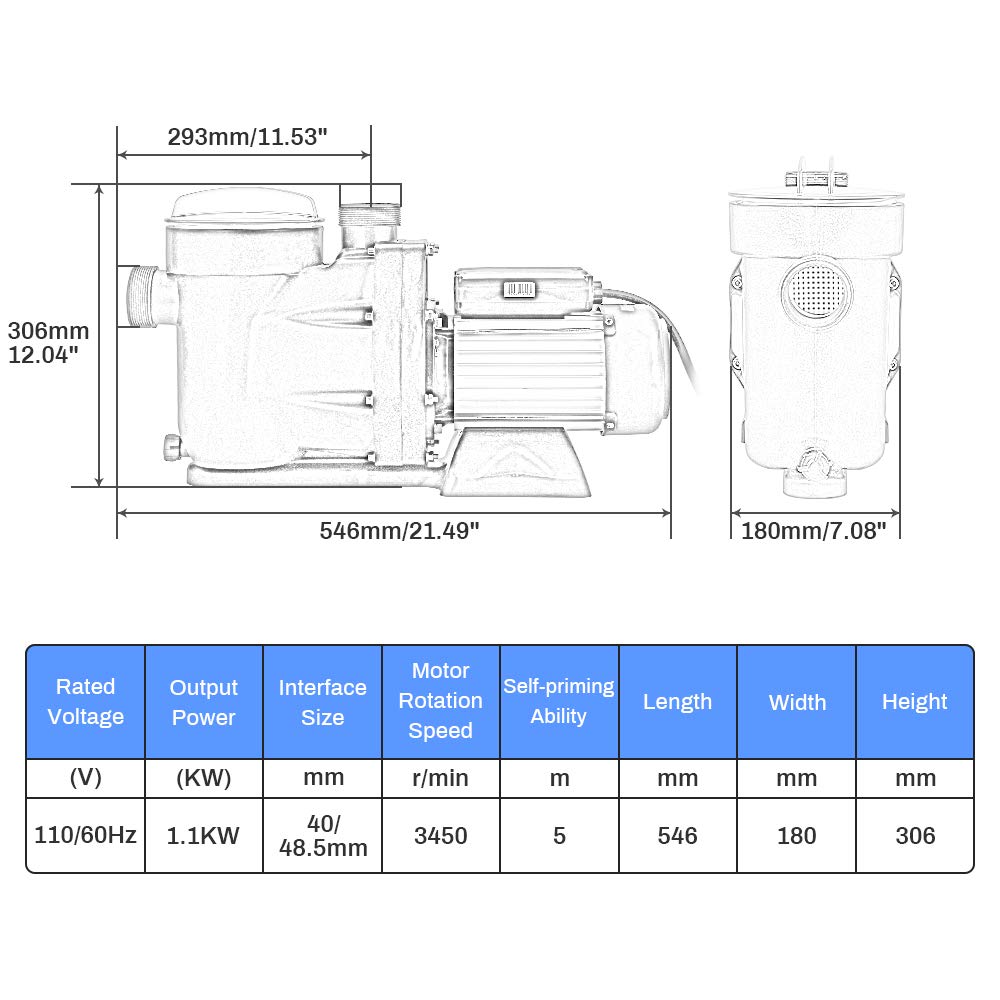 Anbull 1.5HP Swimming Pool Pump, 7140GPH In/Above Ground Pool Pump with 59.05'' Electric Cord, High Efficiency and Low Noise, Apply to Water Circulation in Filtration System (110-120V/60HZ)