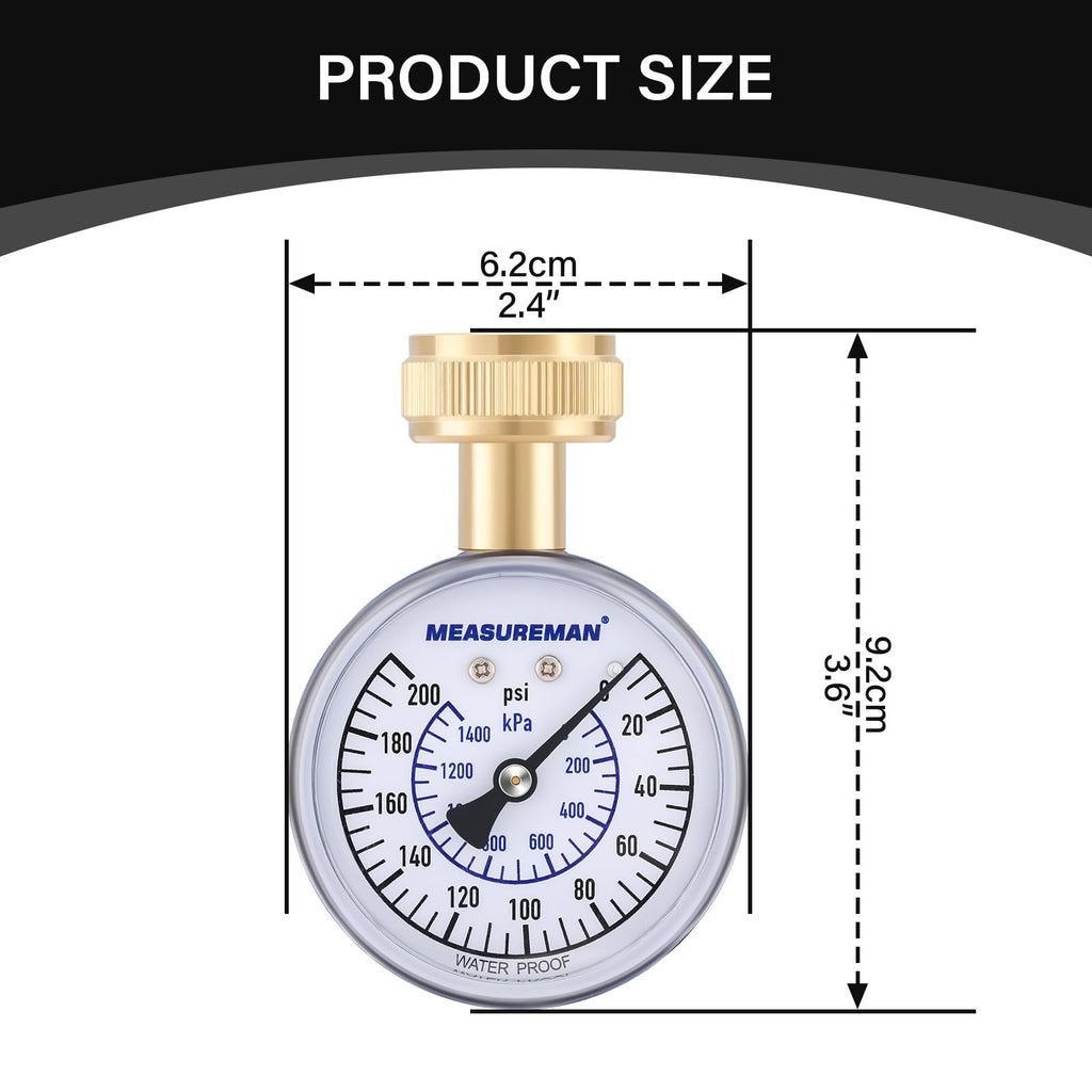 MEASUREMAN 2" Water Pressure Test Gauge, 3/4" Female Hose Thread, 0-200 psi/kpa with Maximum Pressure Memory (Pack of 2)