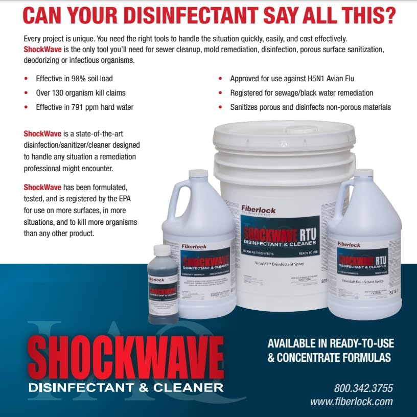 Shockwave Disinfectant Cleaner Concentrate, 1 Gallon, Ideal for Water Restoration & Flood Mitigation, Hospital-Grade Disinfectant, High-Yield Formula