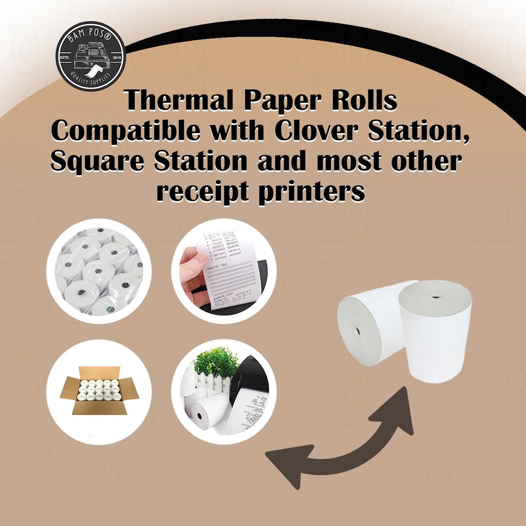 BAM POS 3 1/8" x 190' Thermal Receipt Paper Rolls For Most POS Systems and Receipt Printers, Compatible With Clover Station, Square Station, Toast Station, TM-T88, TSP Series (30 Rolls)