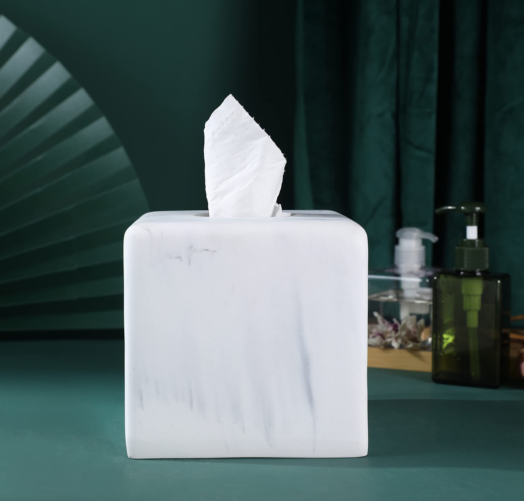 Hymmah Square Tissue Box Cover Holder with Tray,Unique Cube Design Tissue Dispenser Cover Decor for Vanity Counter Tops Also Great for Bedroom and Living Room