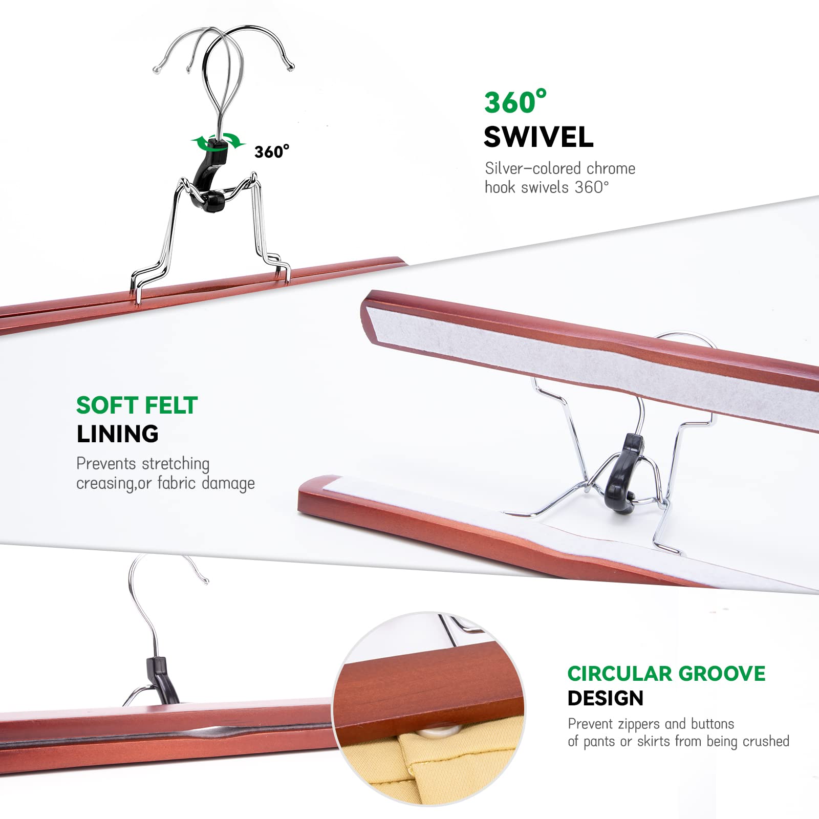 Nature Smile Wooden Pants Skirt Hangers, Smooth Finish Solid Wood Non Slip Jeans Slack Clamp Hangers Hair Extension Hangers (10 Pack Cherry)…