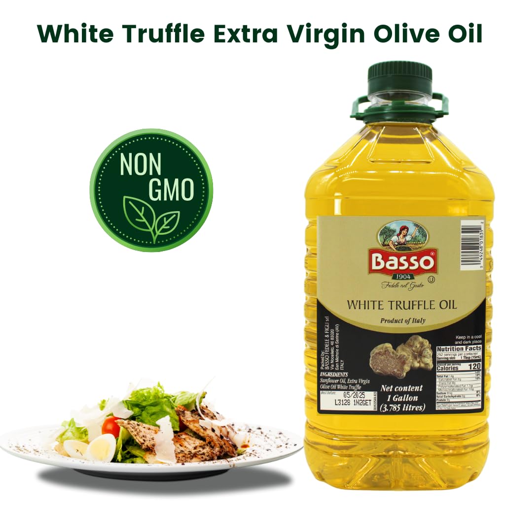 BASSO 1904 - White Truffle Oil, Bulk, 1 Gallon (3.785 liters) | White Truffle Infused with Olive Oil and Sunflower Oil, For Salads, Meats and Pastas, Non-GMO, Product of Italy