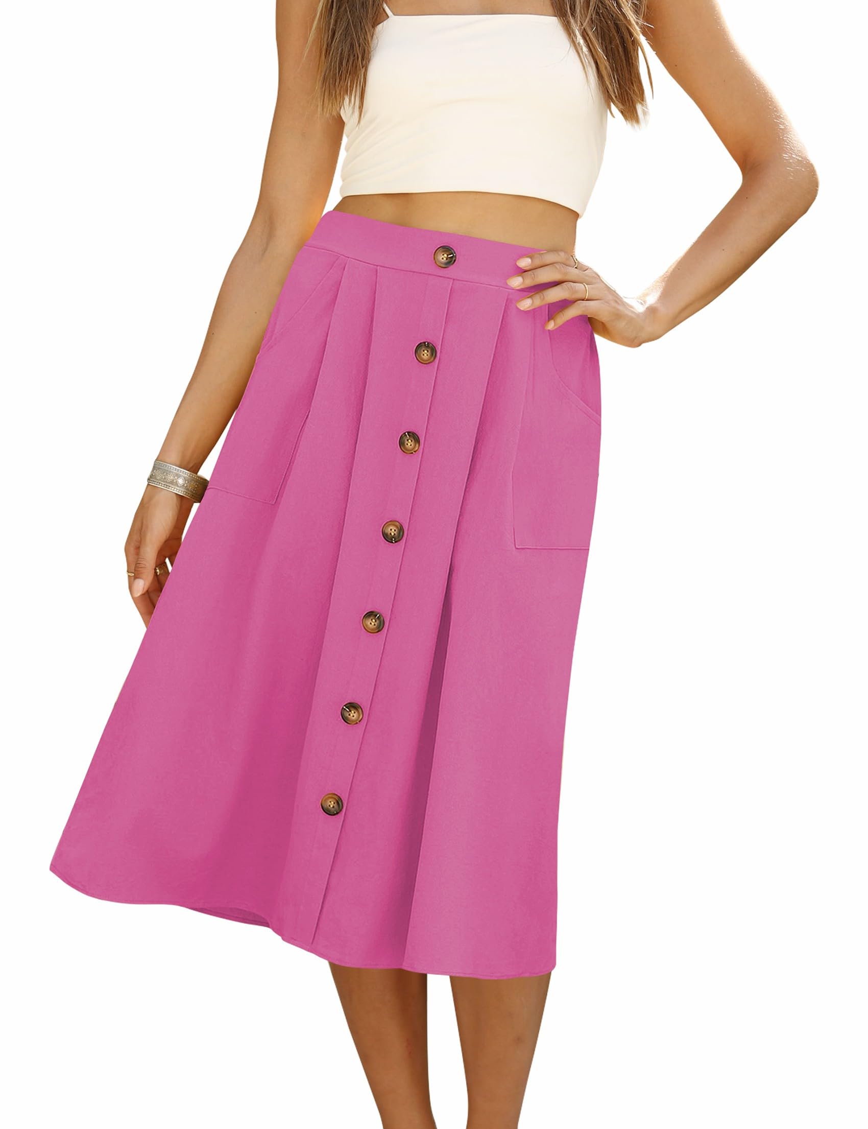 Naggoo Womens Summer Skirts Casual Front Button A-Line High Waisted Midi Skirt with Pockets