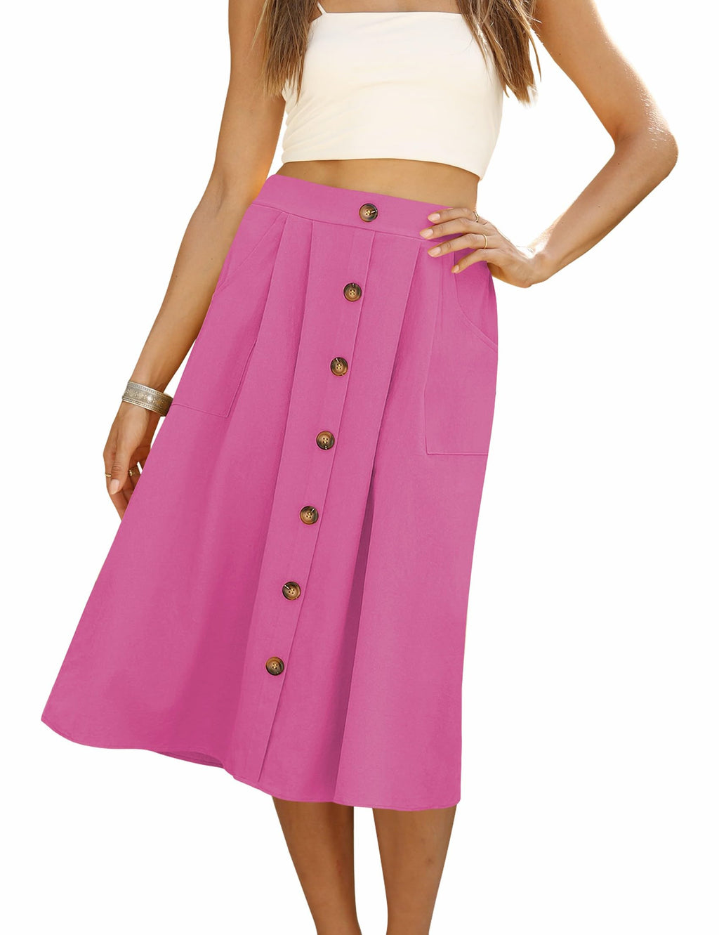 Naggoo Womens Summer Skirts Casual Front Button A-Line High Waisted Midi Skirt with Pockets