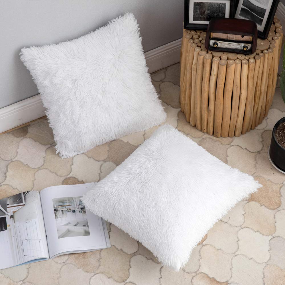 ANRODUO Pack of 2 Baby Pink Throw Pillow Covers Luxury Fluffy Pillows Faux Fur Decorative Pillows Plush Cushion Case Fuzzy Mongolian Merin Style for Bed Couch Sofa Living Room Summer Decor 16x16 Inch