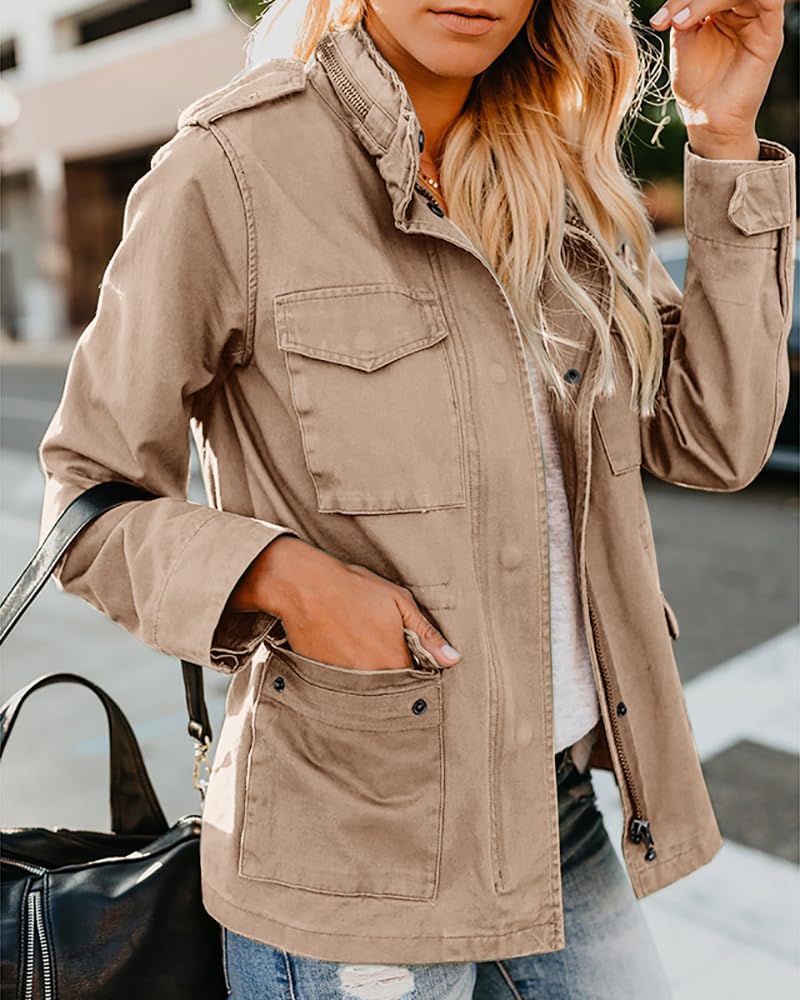 Soulomelody Women Military Anorak Jackets Zip Up Snap Buttons Parka Safari Utility Coats Outwear with Pocket