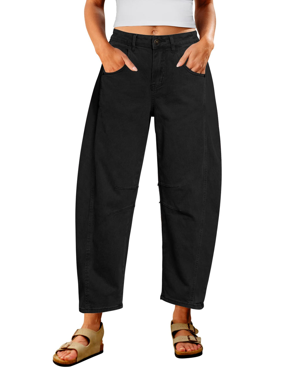 Utyful Barrel Jeans Women Cropped Baggy Trendy High Waisted Distressed Loose Stretch Denim Trouser Jeans with Pockets