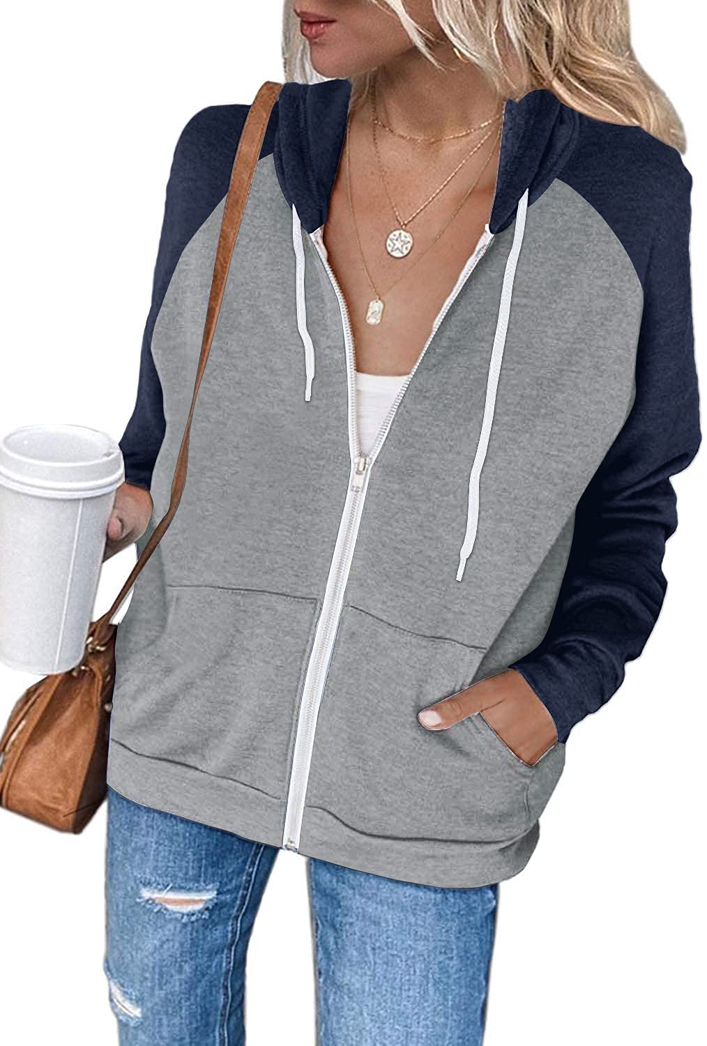 EZBELLE Women's Color Block Zip Up Hoodie Sweatshirt Casual Long Sleeve Jacket Sweater with Pockets