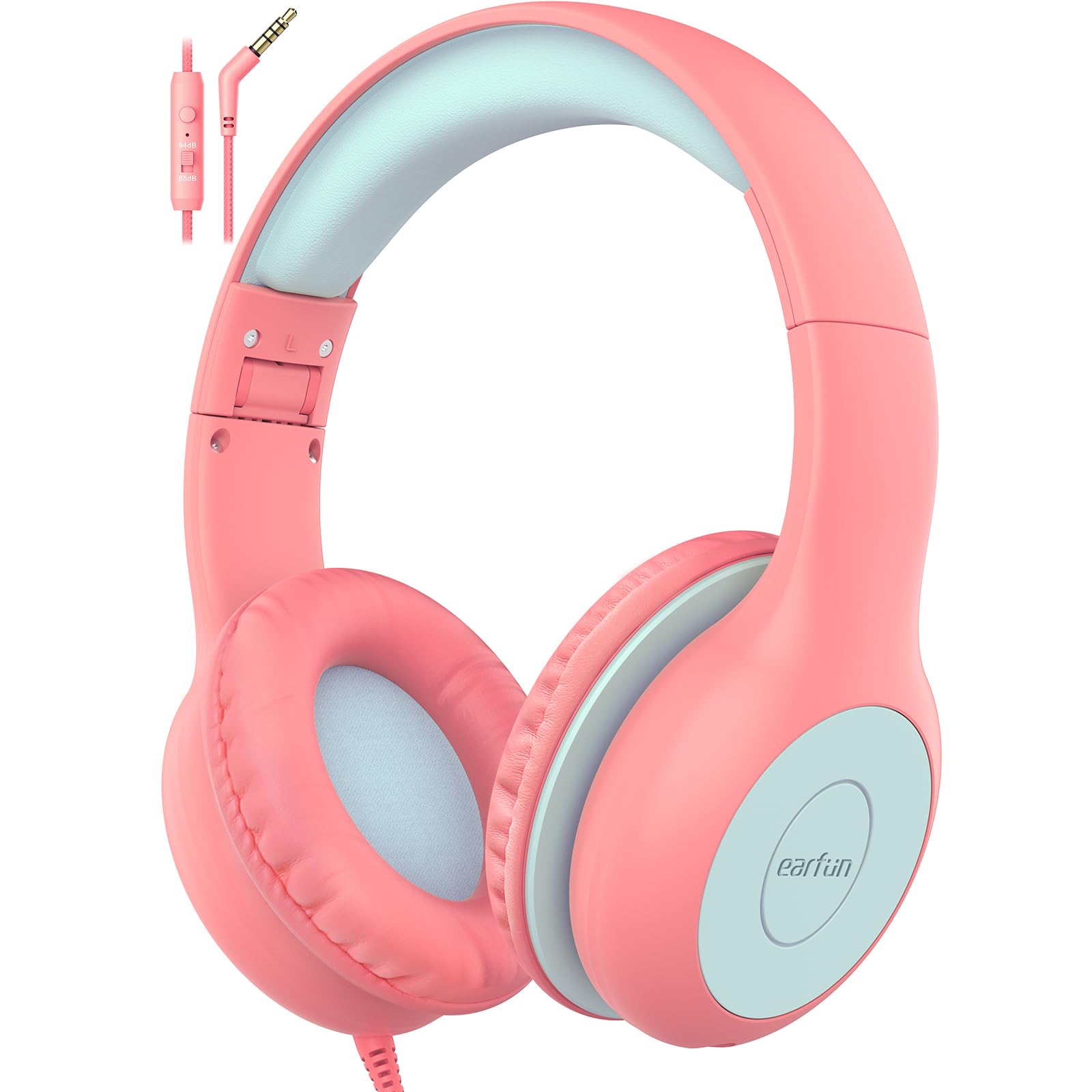 EarFun K1 Kids Headphones Wired with Microphone, 85/94dB Volume Limit Headphones for Kids, Portable Wired Headphone with Shareport, Stereo Sound Foldable Headset for School/Tablet/iPad, Black Red