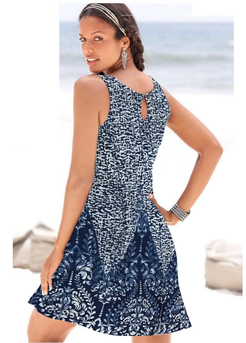 ETCYY NEW Summer Dresses for Women Trendy Boho Floral Print Sundresses Sleeveless Beach Cover Up Dress with Pockets