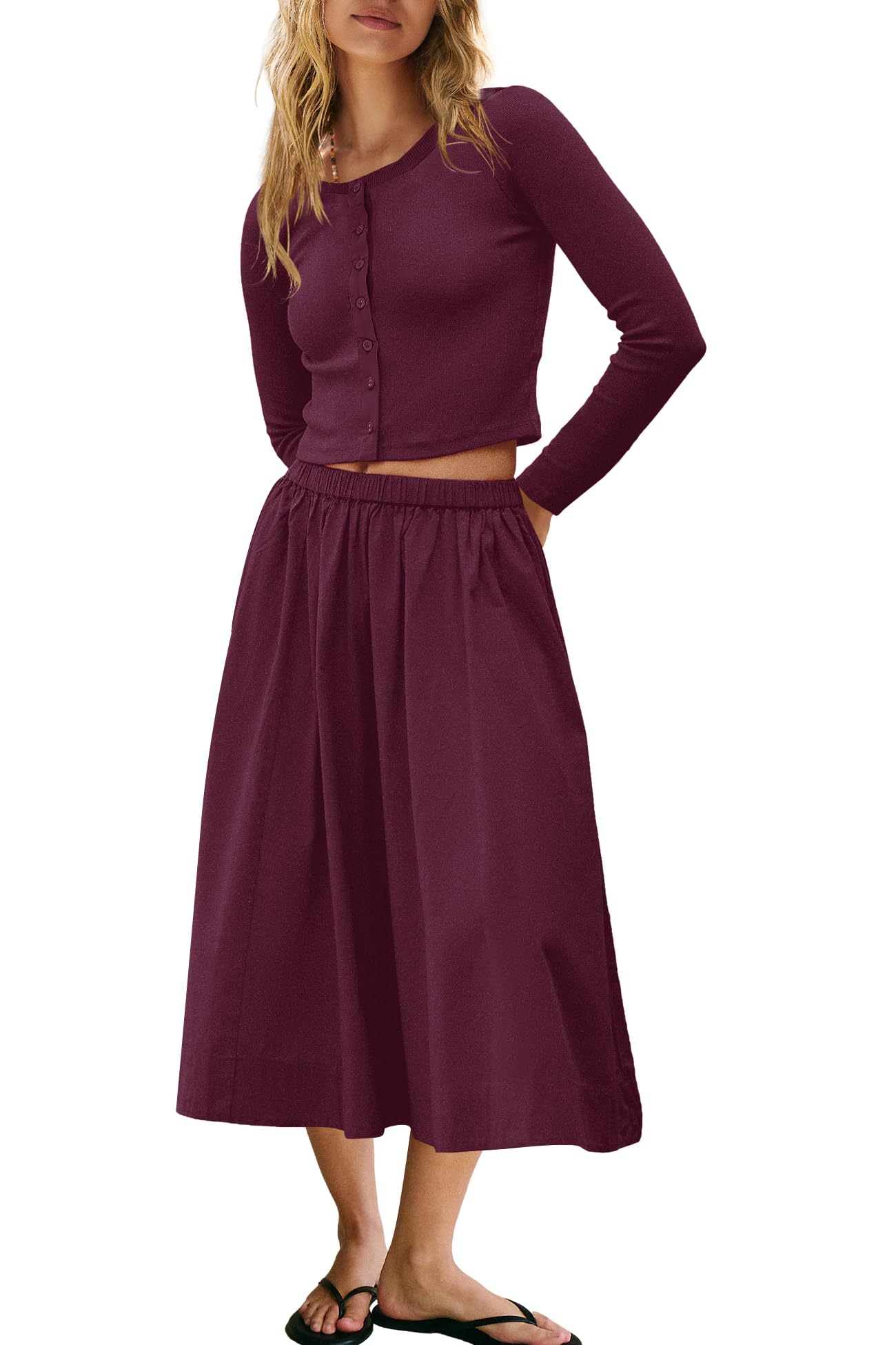 Panadila Womens 2 Piece Lounge Sets Matching Vacation Outfits Ribbed Button Down Cardigan and Elastic Waist Skirt Sets