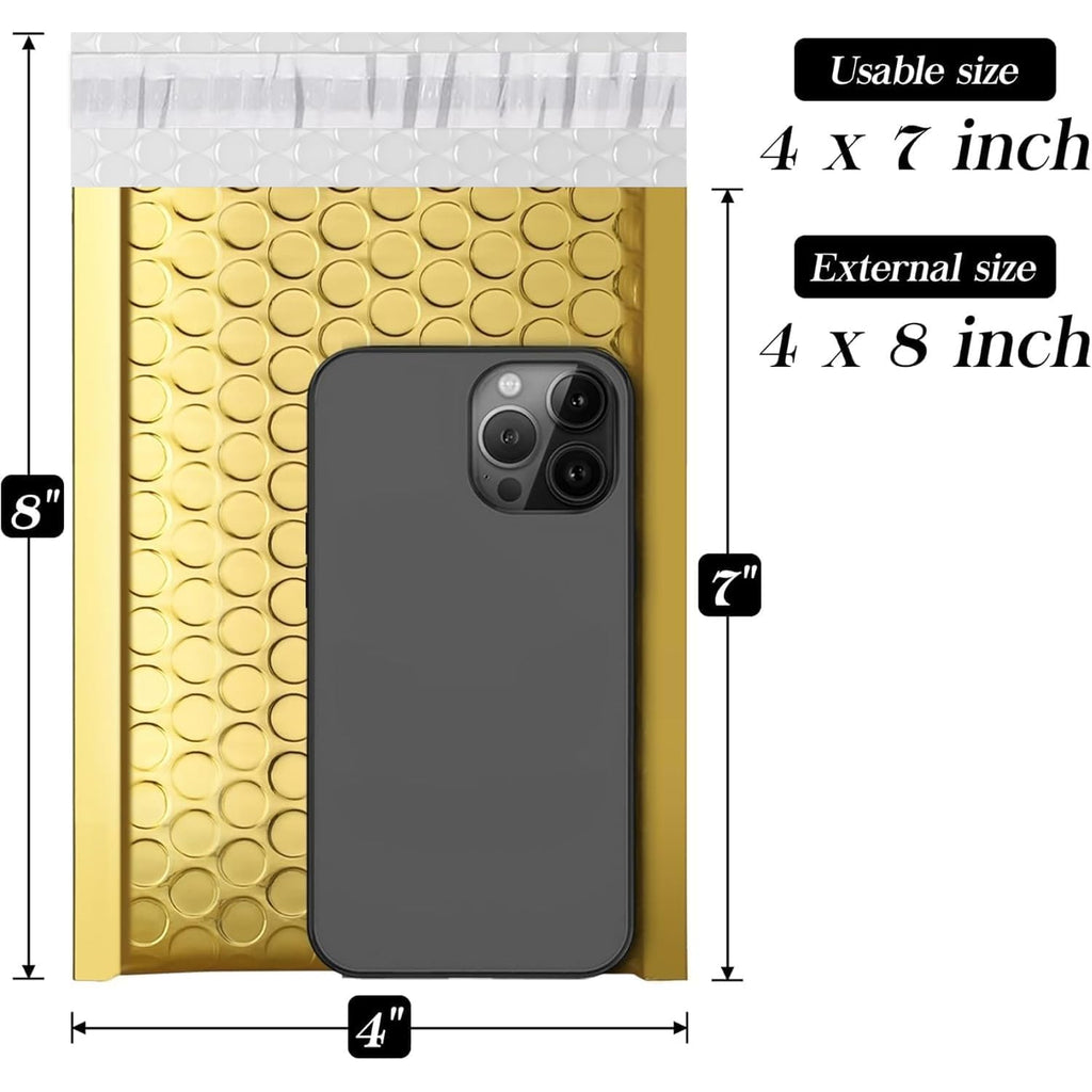 Fuxury Gold Bubble Mailers 4x8" 50 Pack, Usable Size 4X7" Strong Adhesion Metallic Bubble Envelopes,Waterproof Padded Envelopes Small Padded Mailer, Cute Packing for Jewelry, Makeup Supplie,Bulk #000